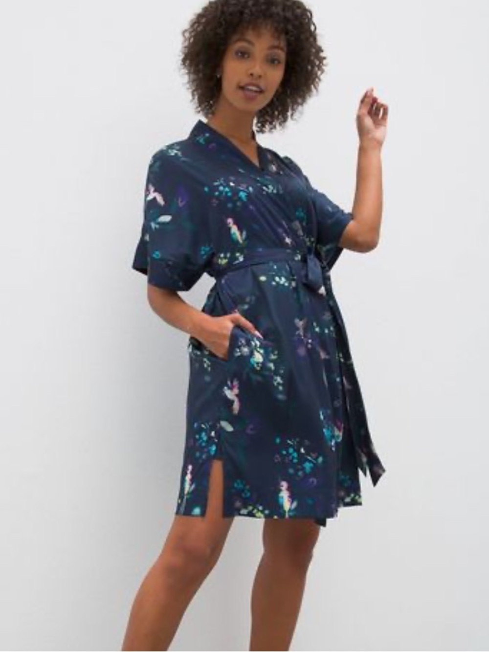 Soma Robe - navy floral print short sleeve w/pockets